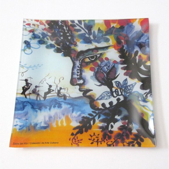 Zaida Del Rio Glass Dish Cuban Artist 8" Square Plate Flower Lady By Ocean